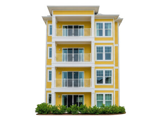 Fototapeta premium Modern yellow apartment building with balconies and greenery isolated on transparent background