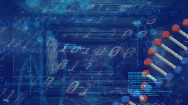 Animation of dna over navy background with diverse data and binary code