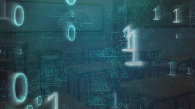 Animation of binary code and math formulas on blue background