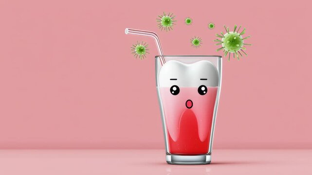 Cartoon-style glass with sad tooth character and pink liquid, showing progression of facial expressions as germs surround the glass, creating a playful yet concerning visual narrative