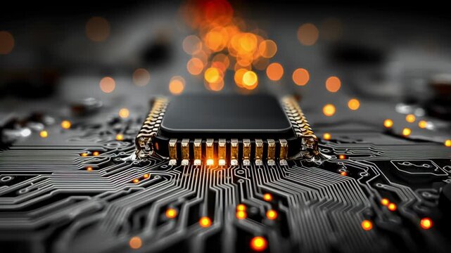 Close-up view of a modern circuit board with a central microchip, surrounded by intricate pathways and glowing orange lights, symbolizing advanced technology, computing innovation, and electronic desi
