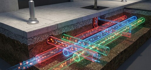  A cross section of underground city infrastructure with glowing 3D digital utility pipe layout