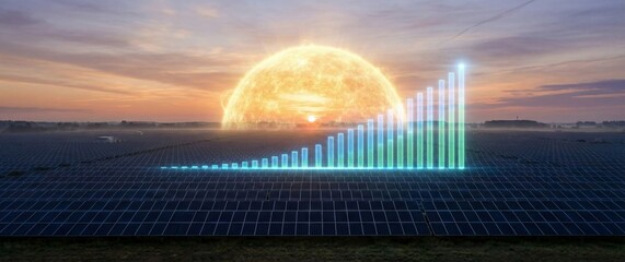 Solar farm at sunset with a digital holographic rising growth chart and glowing sun concept