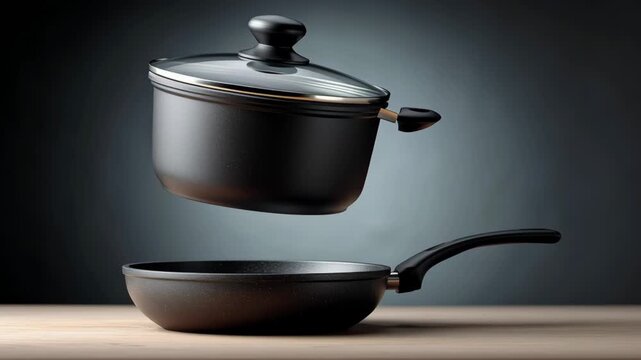 Black cooking pot with lid hovers above a frying pan on a wooden surface, showcasing a seamless transition between the two kitchen cookware items in a dramatic lighting setup