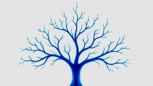 Blue tree with bare branches on white background.