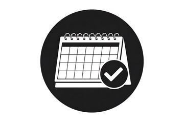 Blank calendar with a checkmark, icon black circular background.