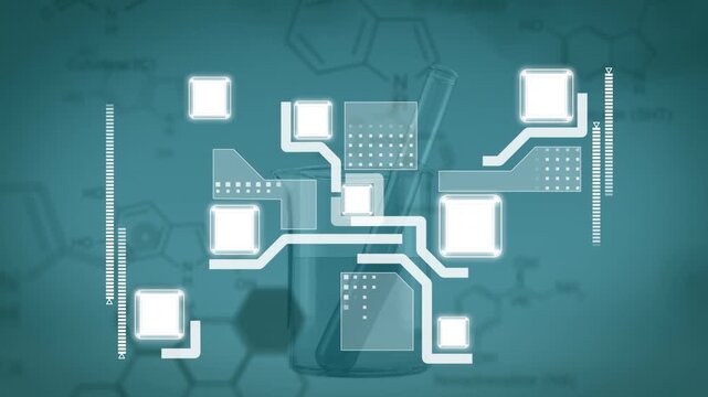 Animation of computer circuit board over beaker and test tube