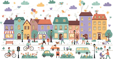 Cute colorful city street illustration with houses, people, shops, bicycles, balloons, cars, and lively neighborhood life in detailed vector style © MdRazaul