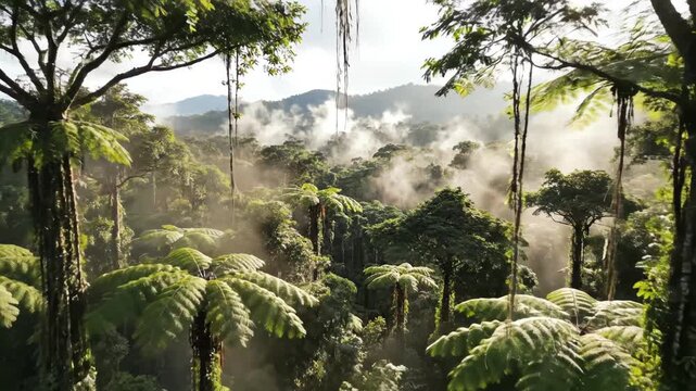 Misty tropical rainforest with tall trees