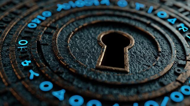 A detailed close-up of a rusty keyhole set in a textured, circular vintage metal surface. the intricate design highlights layers of corrosion, adding depth and character. ideal for themes of mystery, 