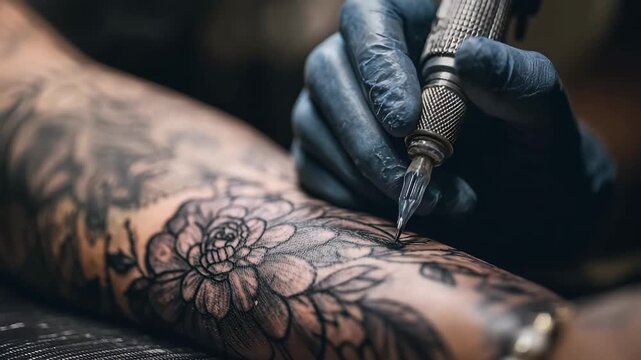 Tattoo artist creates intricate floral design on client's arm during a studio session in the afternoon