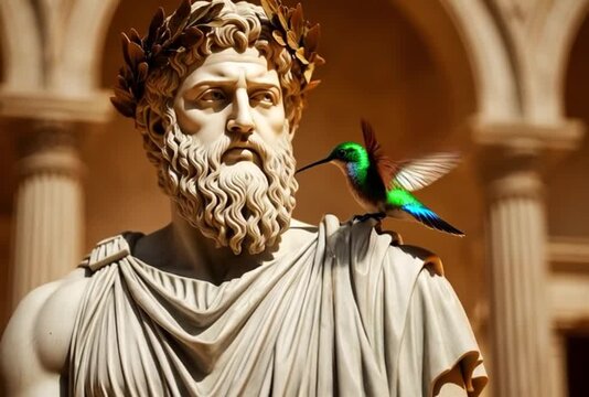 Ancient Greek god, mythology. Everything becomes colorful and comes to life. A hummingbird flies in and sits on the statue's shoulder.