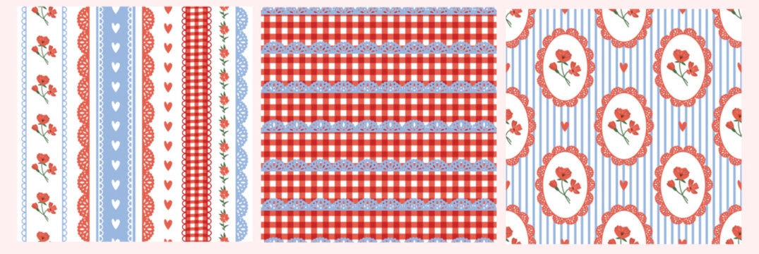 Folk floral seamless patterns set, hand-drawn hearts,  vertical stripes, lace borders, gingham checks. Blue, red, white color perfect for Valentine&rsquo;s Day designs, spring stationery, wrapping paper.