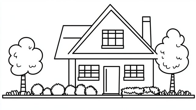 Charming Cottage Surrounded by Beautiful Flowerpots, Simple Black Outline Drawing for Coloring Book