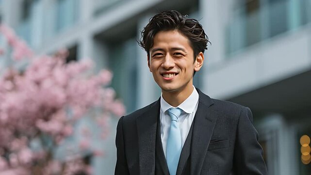 桜の下で穏やかに微笑み新生活の抱負を語る日本人男性社員