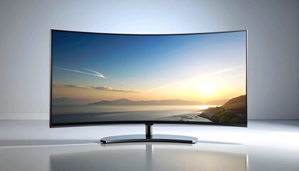 Fototapeta premium Curved Screen Monitor Displaying Serene Sunset Landscape.