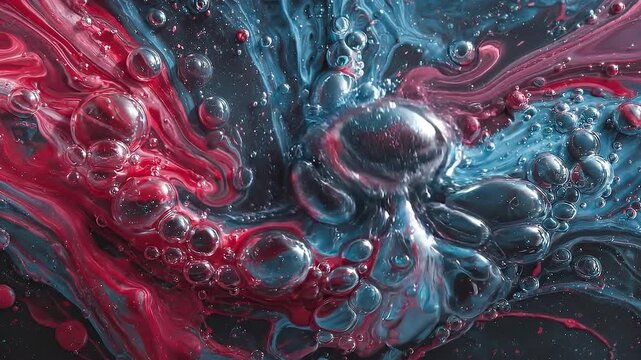 Abstract colorful liquid background with blue and red bubbles in swirling patterns on dark surface for artistic designs
