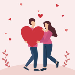 Loving Couple Share Love, Holding Huge Red Heart in Hands. Human Relations, Love, Romantic Dating. Newlywed Couple. vector illustration