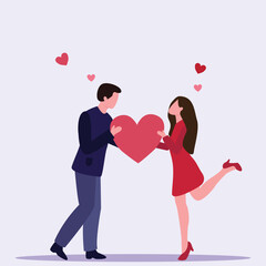 Loving Couple Share Love, Holding Huge Red Heart in Hands. Human Relations, Love, Romantic Dating. Newlywed Couple. vector illustration