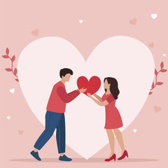 Loving Couple Share Love, Holding Huge Red Heart in Hands. Human Relations, Love, Romantic Dating. Newlywed Couple. vector illustration