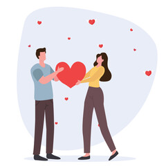 Loving Couple Share Love, Holding Huge Red Heart in Hands. Human Relations, Love, Romantic Dating. Newlywed Couple. vector illustration