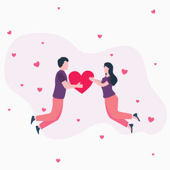Loving Couple Share Love, Holding Huge Red Heart in Hands. Human Relations, Love, Romantic Dating. Newlywed Couple. vector illustration