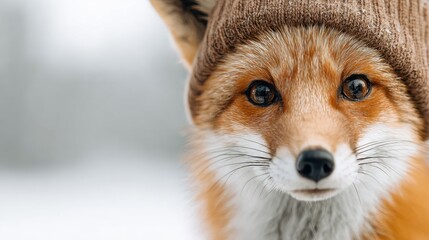 Fototapeta premium Fox wearing a hat in winter snow
