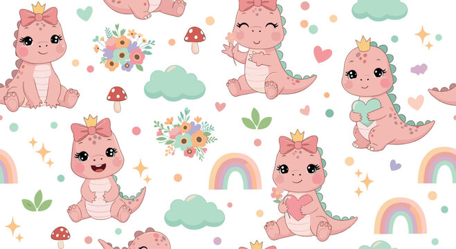 Cute baby dragon seamless pattern vector with pastel rainbows, flowers, hearts, clouds, mushrooms, and kawaii fantasy characters for kids