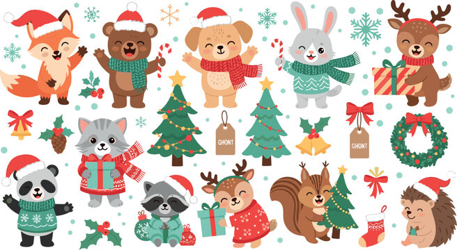 Cute Christmas animal character set with foxes, bears, raccoons, deer, gifts, trees, wreaths, and festive winter holiday illustrations