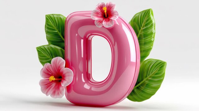 Pink letter D surrounded by tropical hibiscus flowers and green leaves, showcasing a vibrant and playful design element suitable for summer-themed graphics and decorations