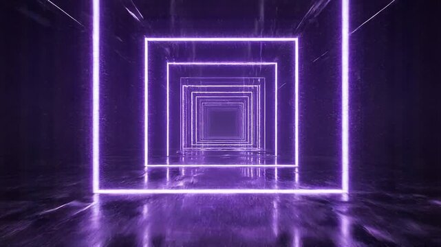 Neon Light Tunnel with Glowing Purple Rectangles and Reflective Surfaces Creating an Optical Illusion Effect