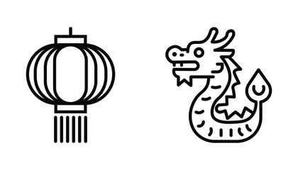 Chinese zodiac dragon and lantern festival icon set black white