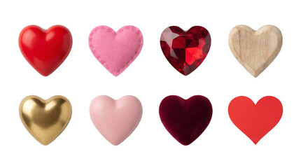 Fototapeta premium Heart shape collection set including red plastic, pink felt, ruby gemstone, wooden, gold, satin, and velvet textures isolated. Romantic decoration and valentines day elements.