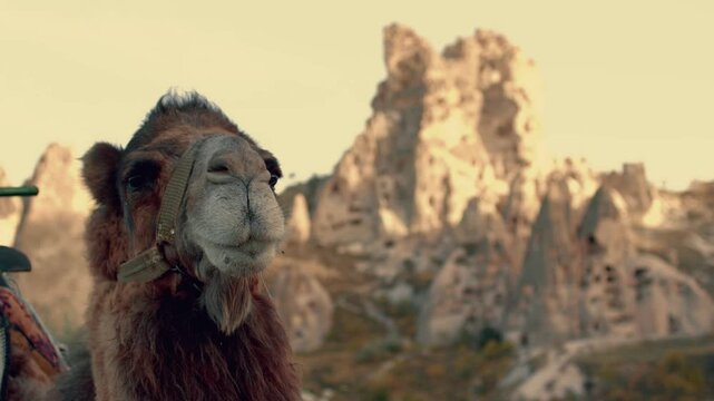 Camel walking through a desert landscape under natural light. Iconic animal adapted to extreme conditions, symbolizing endurance, survival, travel, and traditional desert life. Ideal for travel, touri