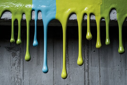 Abstract neon paint dripping in vibrant green and blue hues down a textured surface
