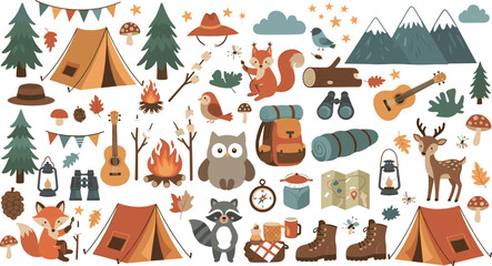 Cute camping and outdoor adventure vector set with forest animals, tents, campfire, hiking gear, autumn elements, and nature cartoon illustrations © MdRazaul