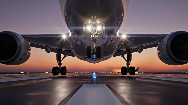 Airplane landing on runway at sunset