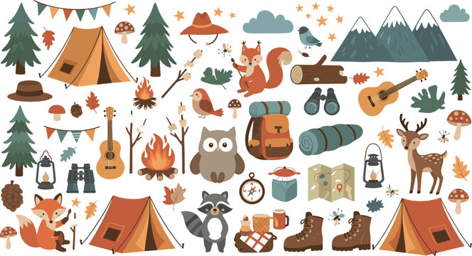 Cute camping and outdoor adventure vector set with forest animals, tents, campfire, hiking gear, autumn elements, and nature cartoon illustrations