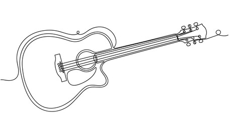 Obraz premium Continuous line drawing of acoustic guitar with elegant flowing strings. Non editable stroke