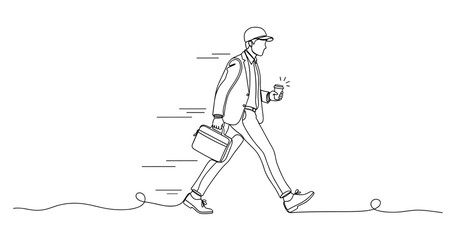 Obraz premium Outline of businessman walking with coffee and briefcase. Non editable stroke