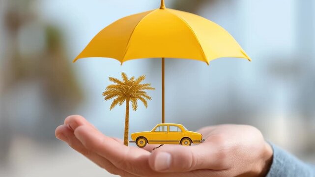 Creative concept illustrating a yellow umbrella and palm tree over a small car in a hand during sunny weather