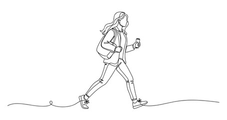 Naklejka premium Young female walking with phone in hand - line art illustration. Non editable stroke