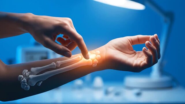 Hand Touching Wrist with Visible Bone Structure for Medical Infographics in Blue Tone