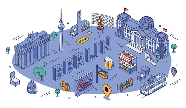 Illustrated landmarks and culture of berlin with iconic structures and symbols