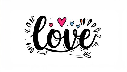 Obraz premium Artistic illustration of the word LOVE in black calligraphy with colorful hearts and decorative accents.
