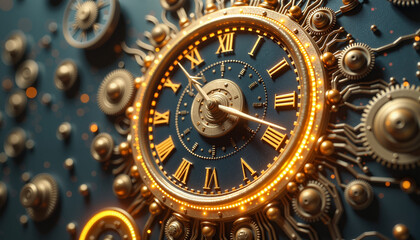 Obraz premium intricate vintage clock design with golden accents and decorative gears in a close-up view, representing time and craftsmanship