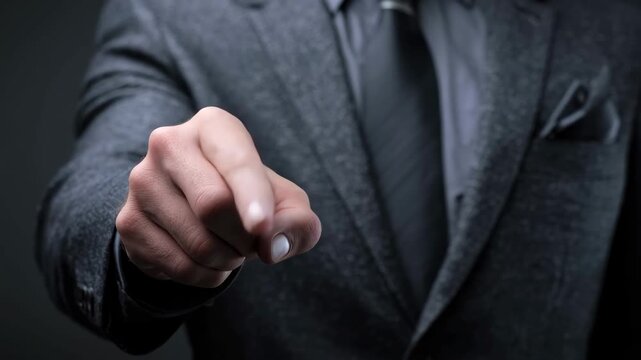 Confident businessman pointing towards the viewer in a dark setting with a sharp suit and tie