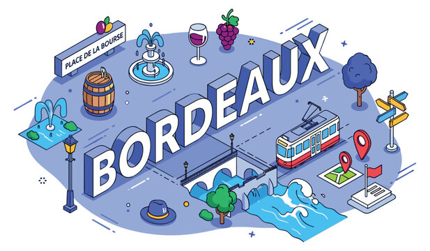 Colorful cartoon representation of bordeaux landmarks and cultural symbols