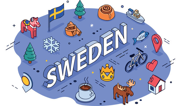 Sweden cultural icons: dala horse, cinnamon bun, moose, coffee, and more
