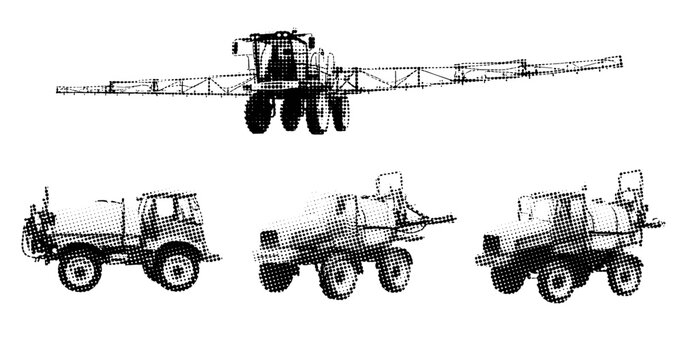 Vintage agricultural machinery icons: tractors and sprayers in black and white